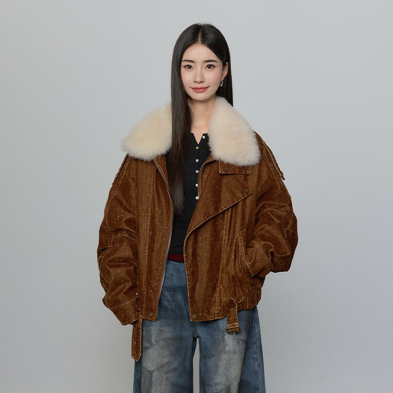 城市游踪 复古植绒牛仔山羊绒90白鹅绒羽绒服派克服女冬外套25159