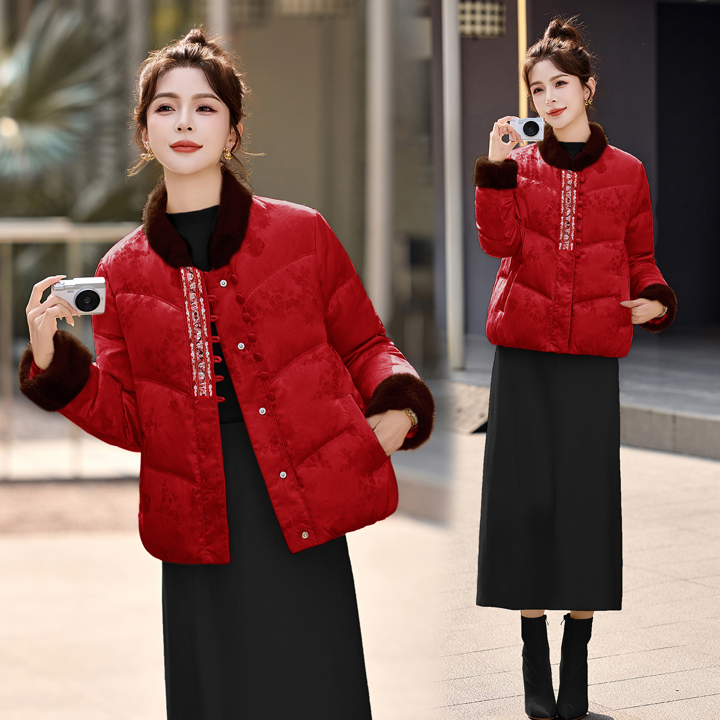 新中式国风刺绣提花羽绒服女2025冬季新款优雅大气白鸭绒短款外套