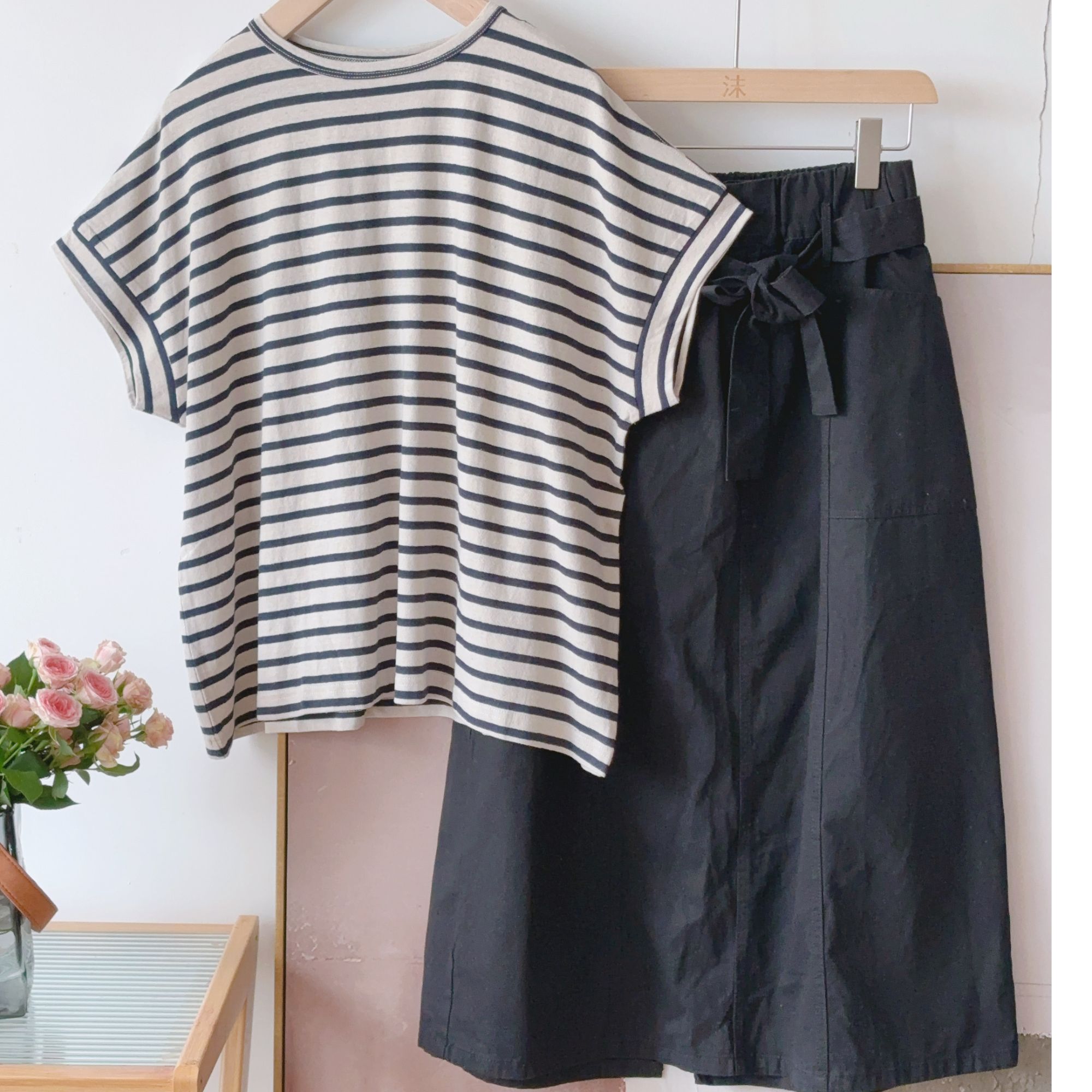 2025初见沫新日系轻文艺经典条纹柔软棉麻短袖T恤上衣推荐93768