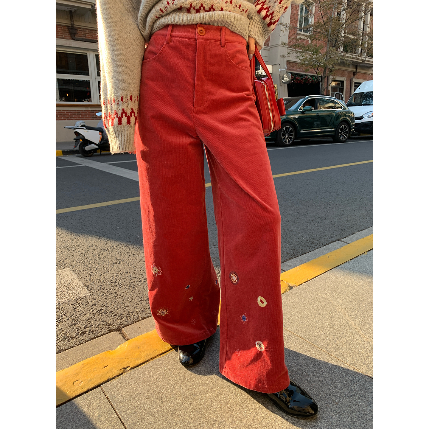 落落狷介裤子女2025新款冬小个子灯芯绒刺绣阔腿裤高腰宽松休闲裤