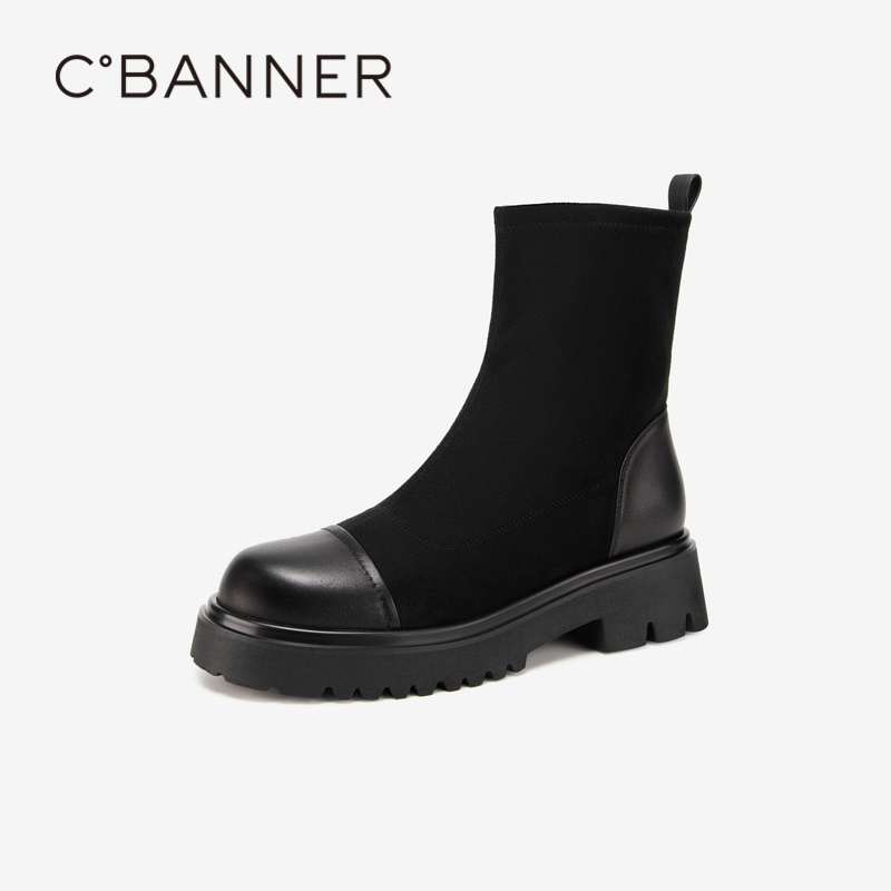 千百度厚底增高弹力袜靴秋冬瘦瘦靴显瘦短靴女保暖舒适A23536703