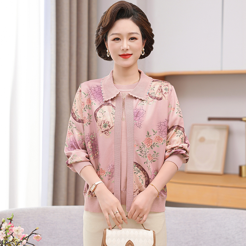 妈妈秋装两件套装上衣洋气中年妇女针织开衫中老年人春秋薄款外套