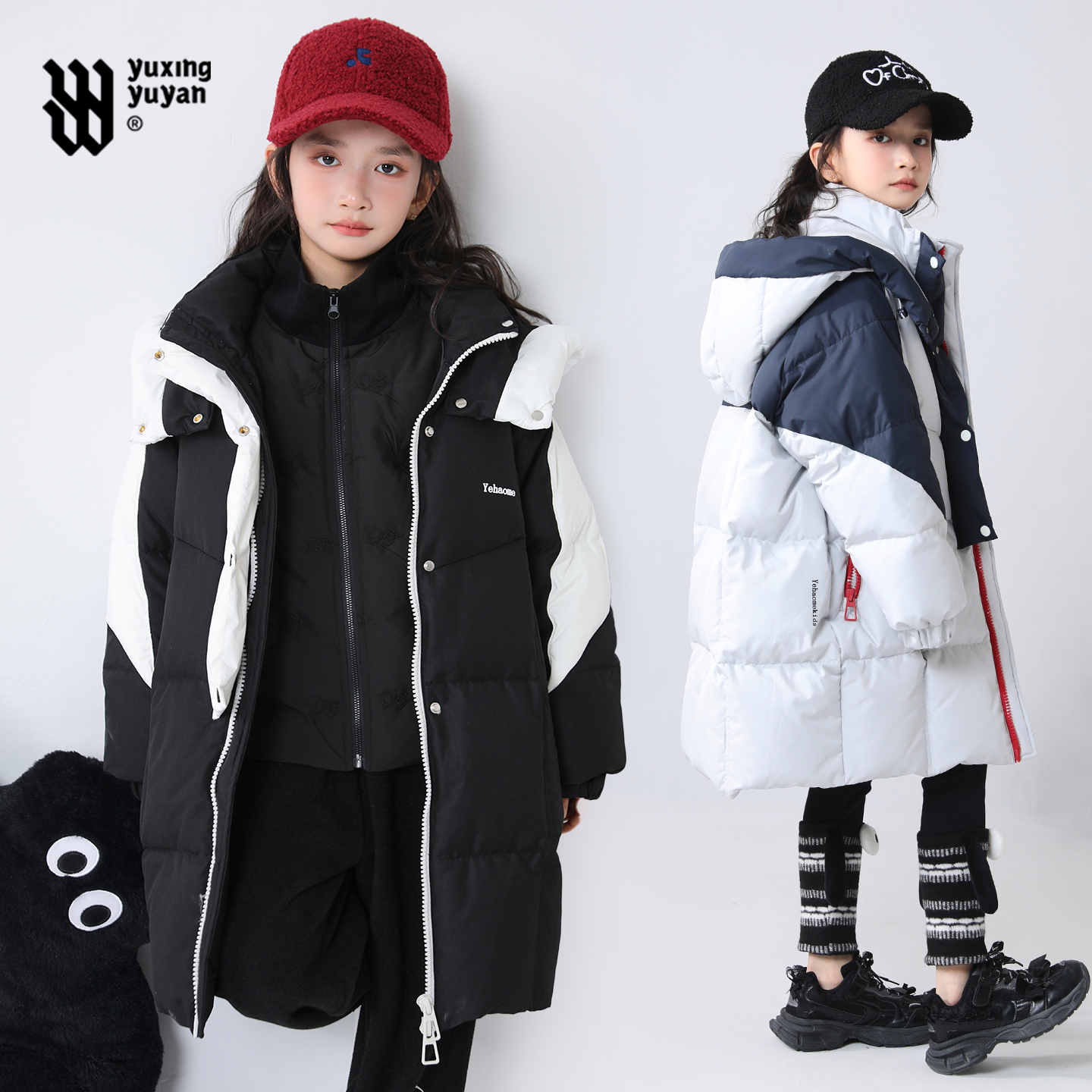 雨星雨嫣女童90白鸭绒冬装2025新款洋气中长款加厚连帽外套