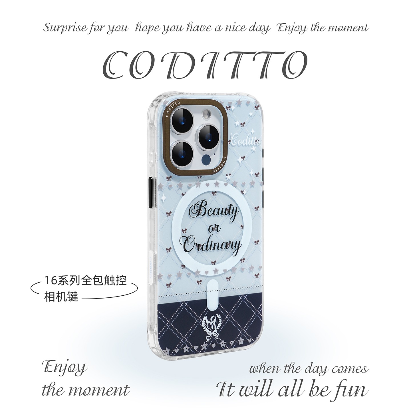 coditto蓝格纹双层带相机按键磁吸适用苹果16promax手机壳韩系ins