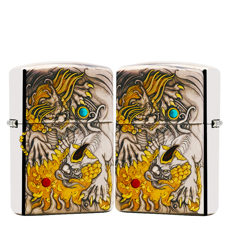 ZIPPO/之宝S925银嵌金【雌雄貔貅】盔甲机正品煤油打火机KF-DF