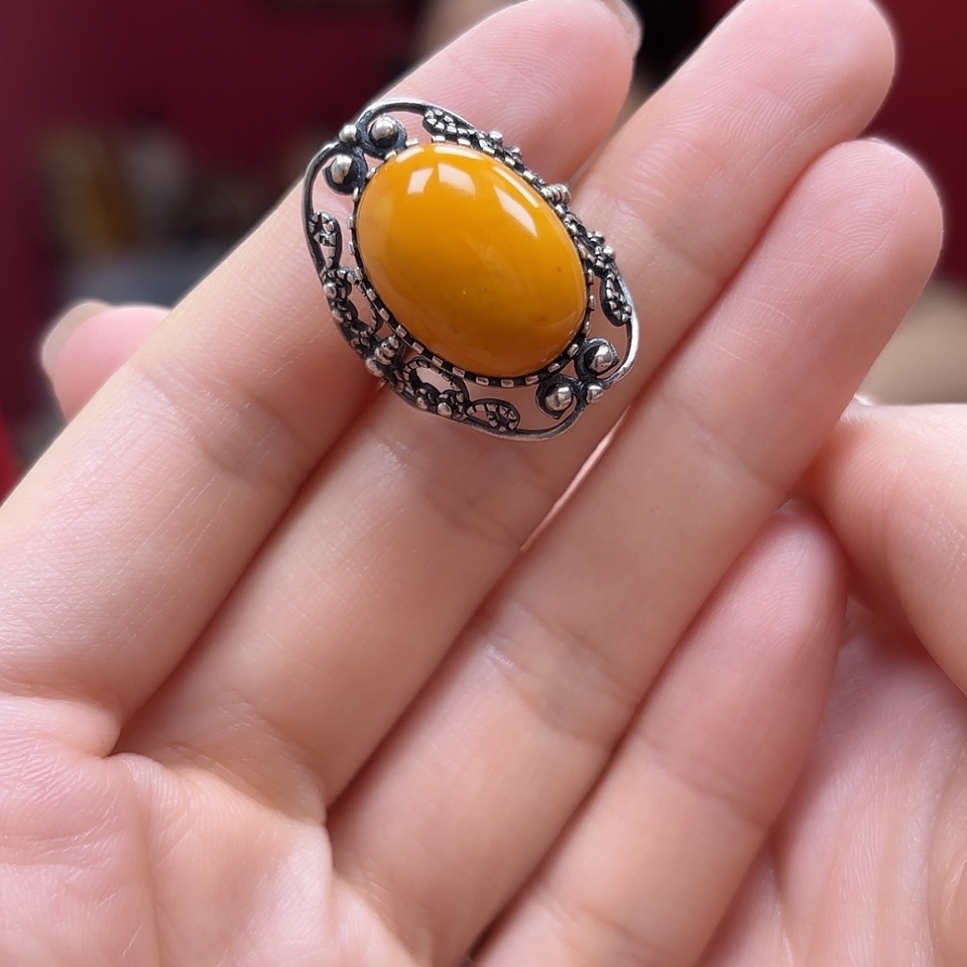 琥珀裸石银S925镶嵌45戒指
