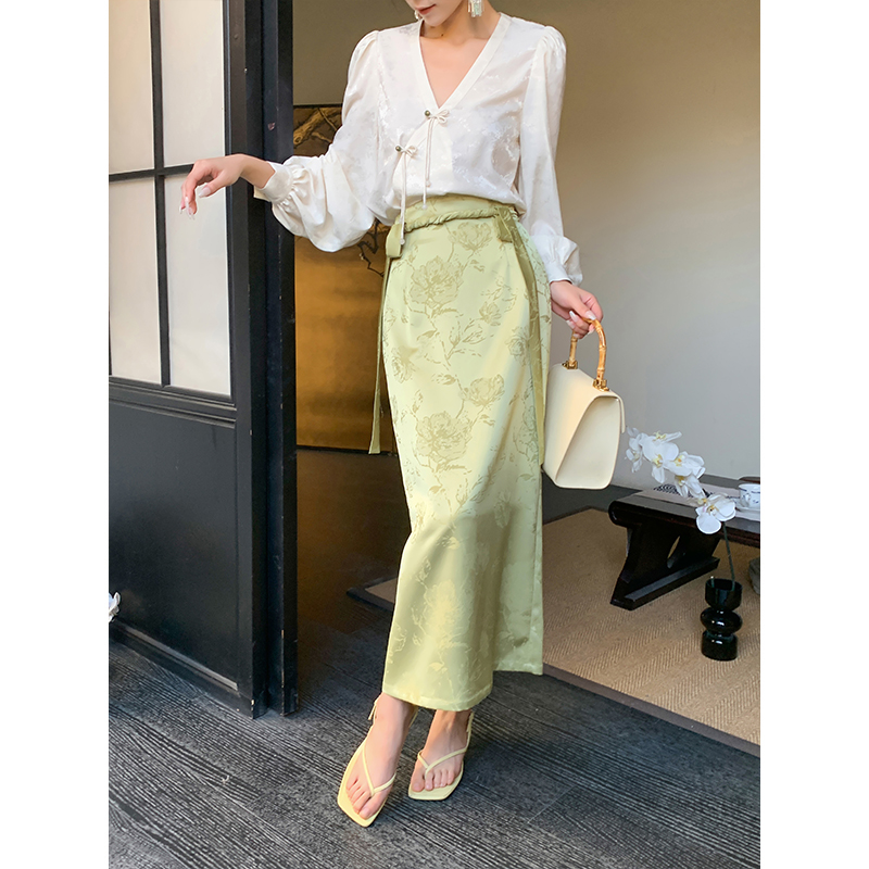 JWUNIQUE绿色新中式国风半身裙女春季2025新款高腰显瘦包臀长裙子