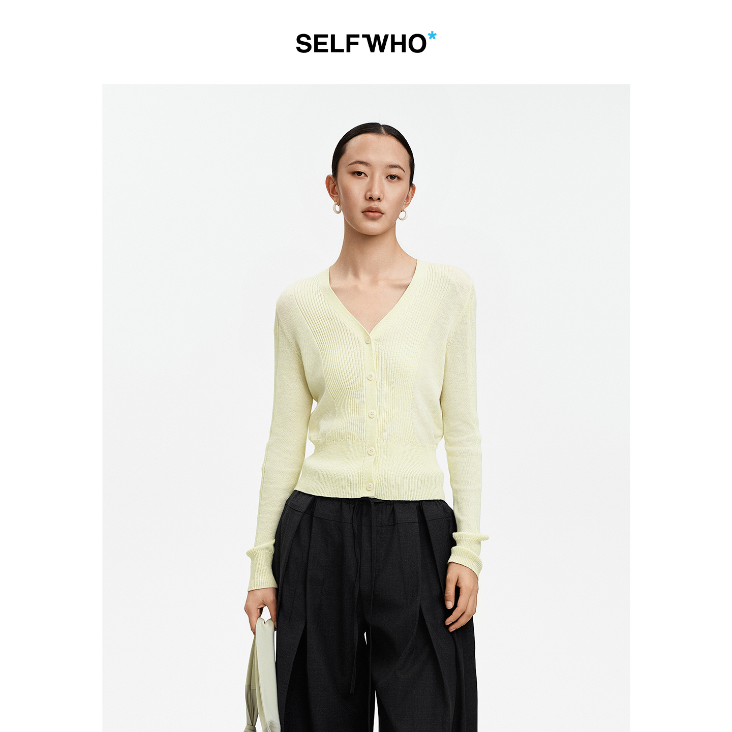 SELFWHO莱赛尔亚麻混纺V领显瘦针织衫女2026春季新款透气开衫毛衣