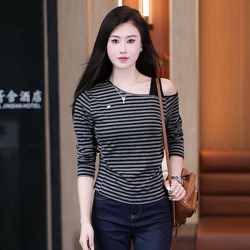 韩版条纹长袖法式短款T恤女2025秋季新款斜领T恤百搭假两件上衣潮