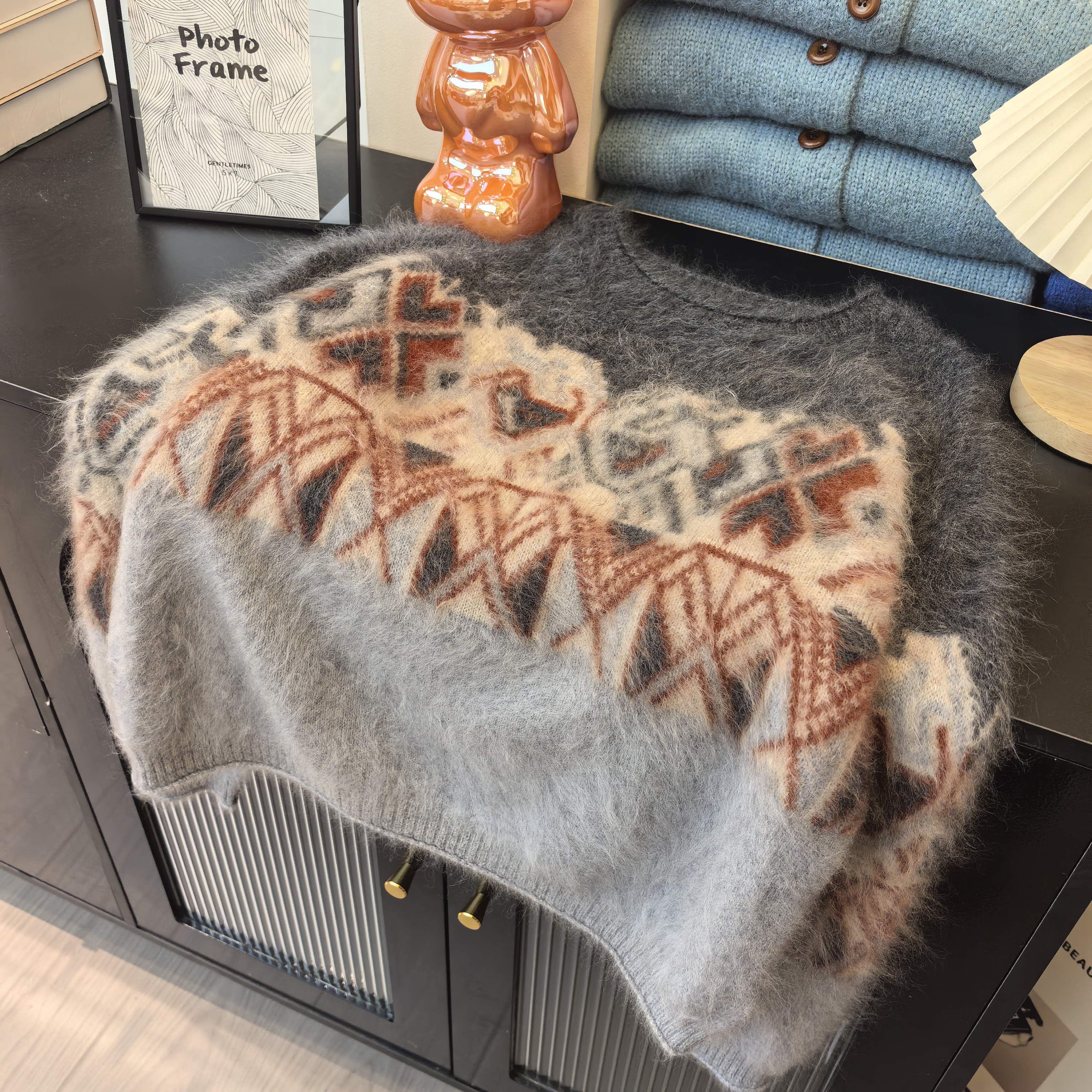 韩系灰色宽松费尔岛针织衫提花加厚圆领百搭时尚秋冬毛衣600