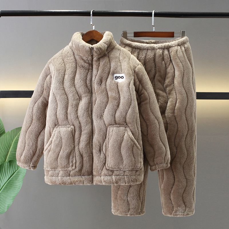 加厚冬季纯色三层加厚保暖睡衣家居服雪花绒套装秋冬季情侣装加绒