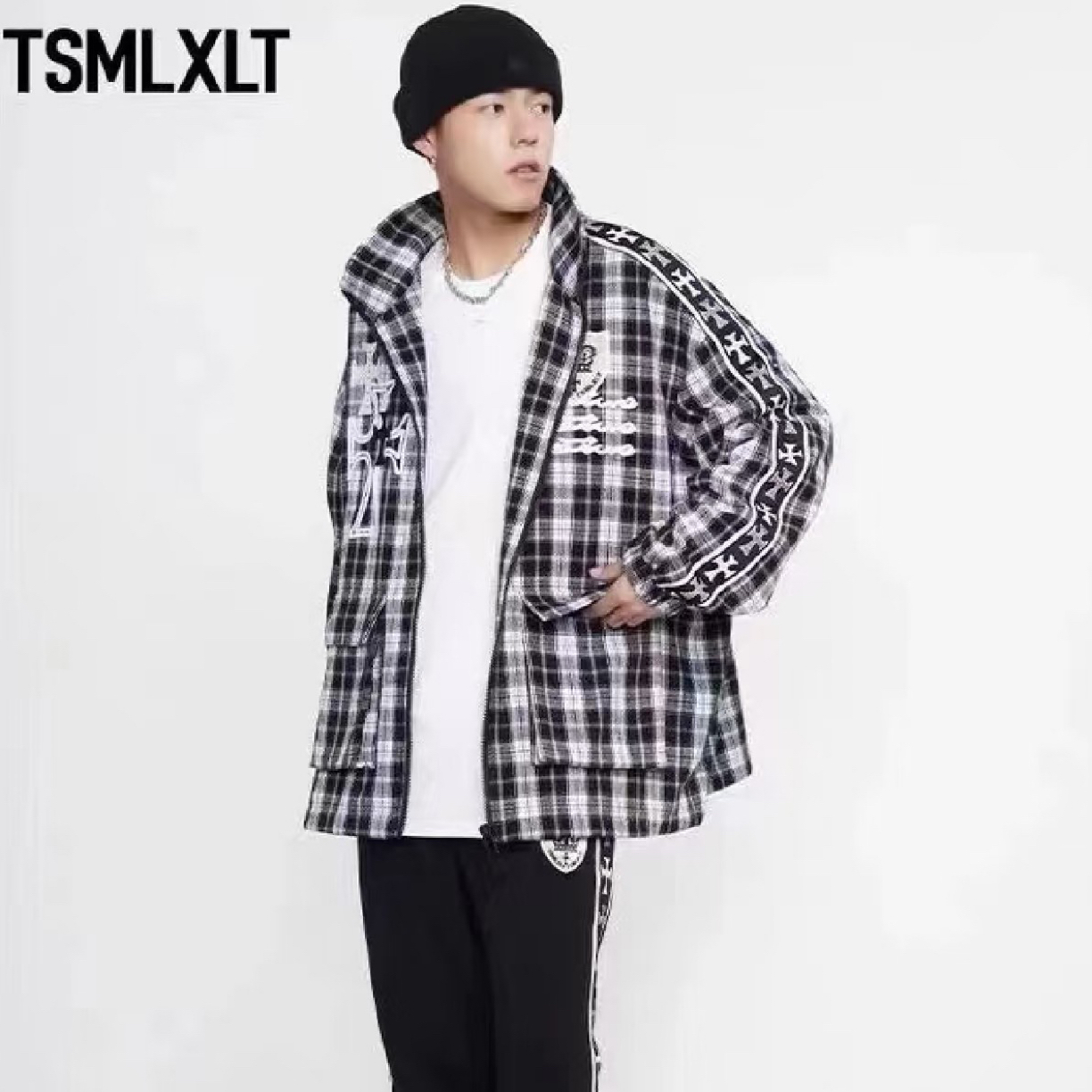 TSMLXLT拉链长袖格子立领透气夹克时尚情侣冬季休闲外套