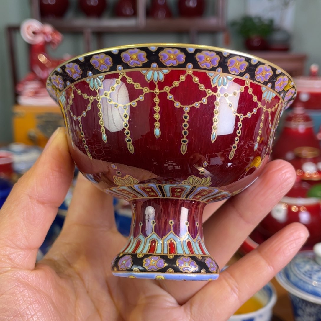 清欢雅玩原矿郎红珐琅彩高脚杯