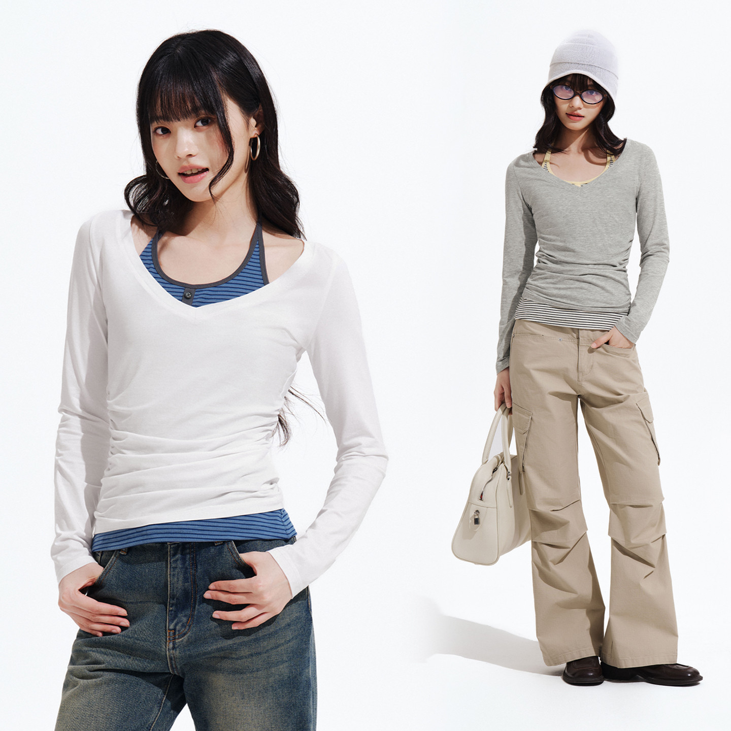 PSO Brand 女装莫代尔棉两件套条纹吊带背心V领长袖T恤TKT037-1
