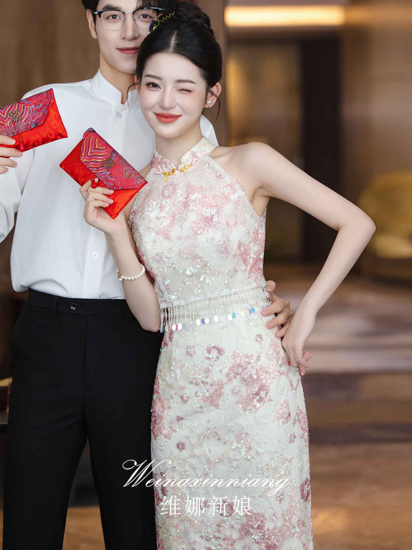 敬酒服新娘新中式2025新款粉色旗袍订婚礼服裙套装流苏回门服晨袍