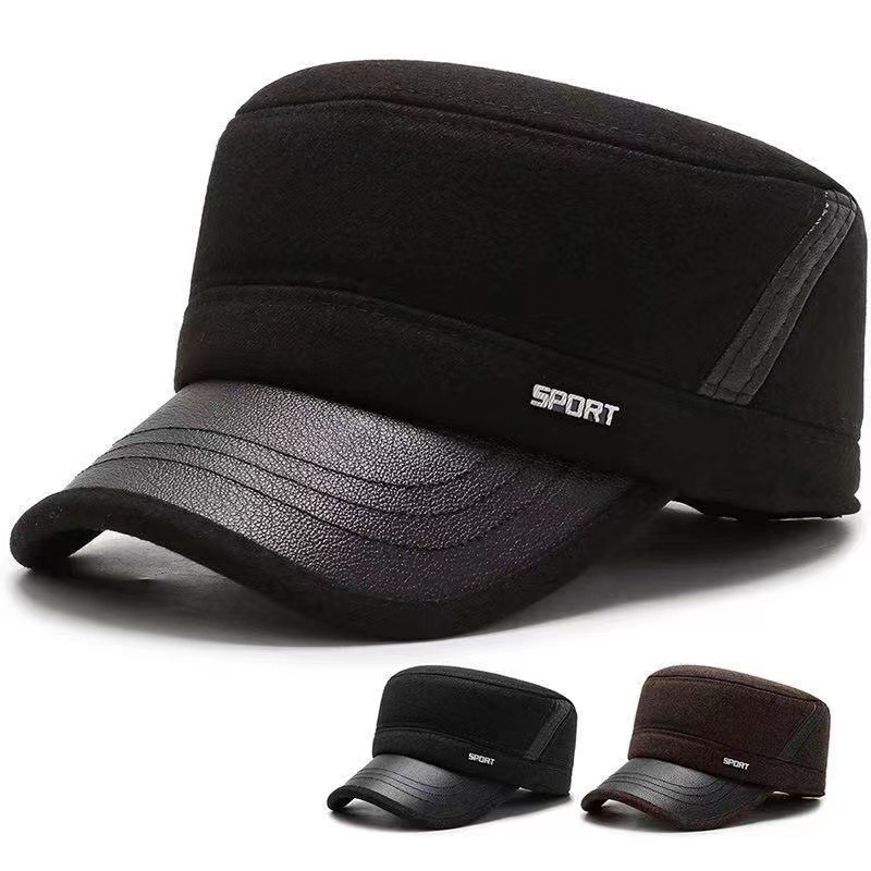 帽冬季护耳老年骑行户外休闲保暖帽加绒加厚毛呢平顶帽洋气