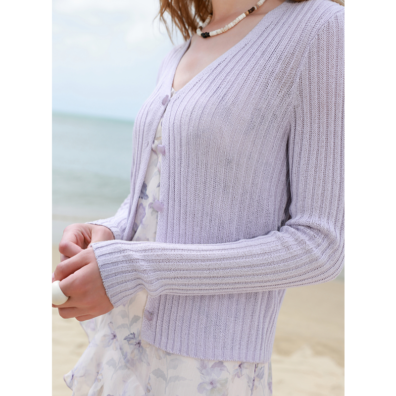 三彩2025夏季新款星光针织衫V领开衫轻薄毛衫短款空调衫M