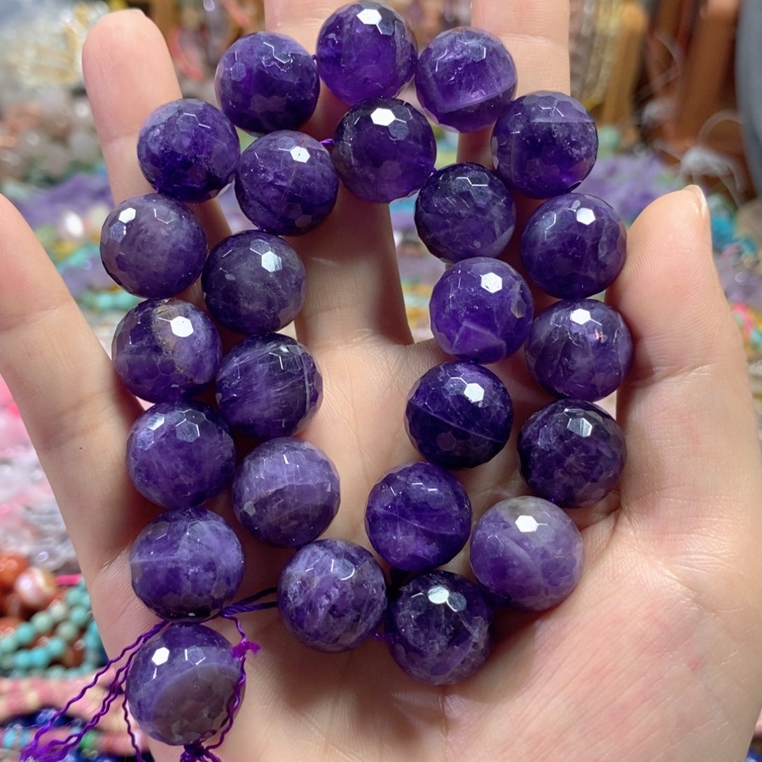玛瑙/玉髓未镶嵌珠宝半成品天然紫水晶蹦迪珠一条卡16mm