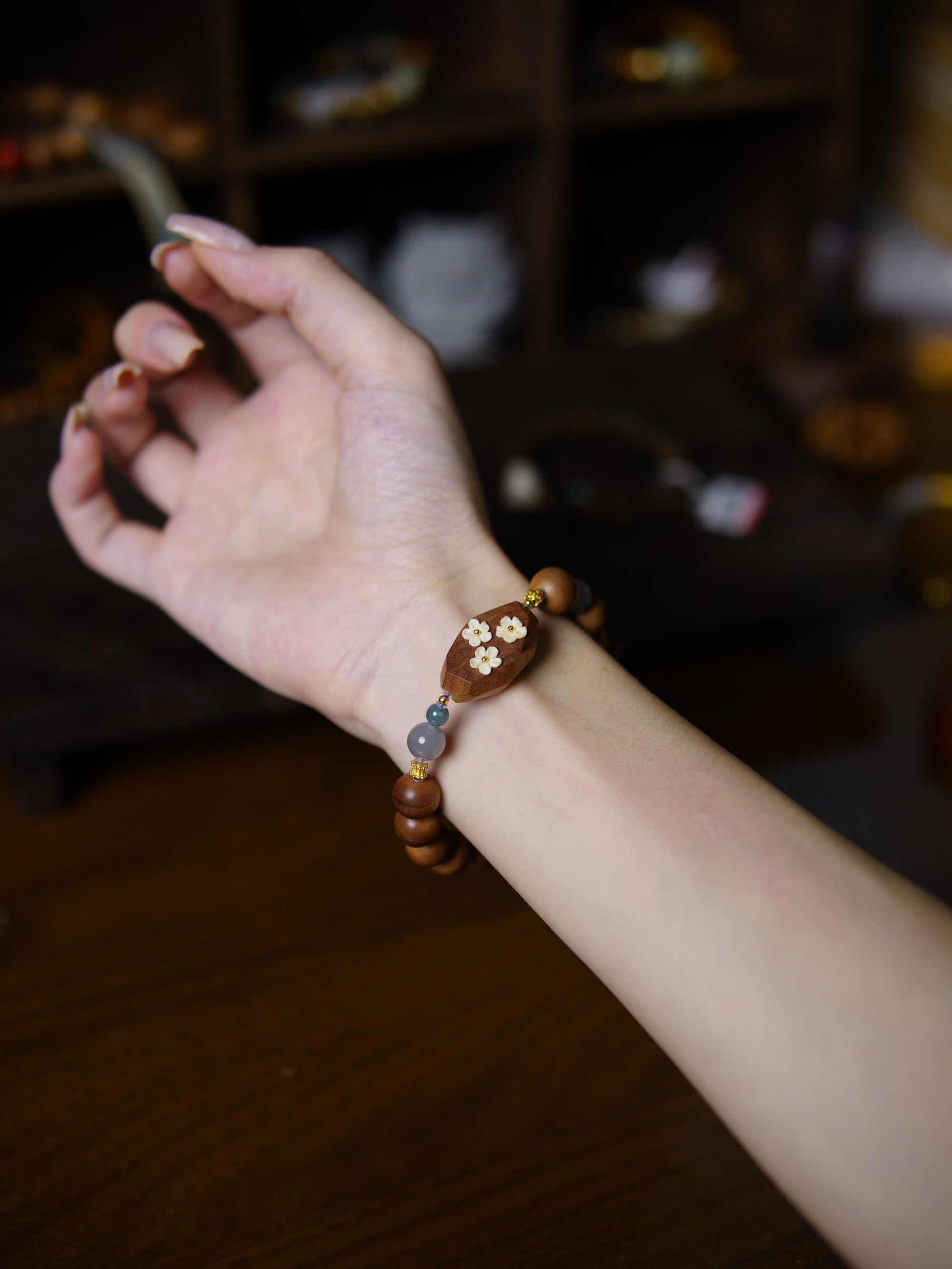 老山檀横纹10mm/猛犸镶嵌/和田玉/320003