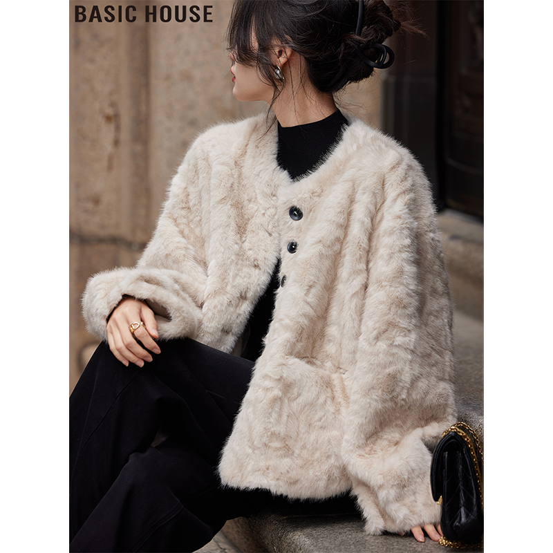 人造皮草 BasicHouse/百家好法式杏色环保皮草加厚高质量冬季外套