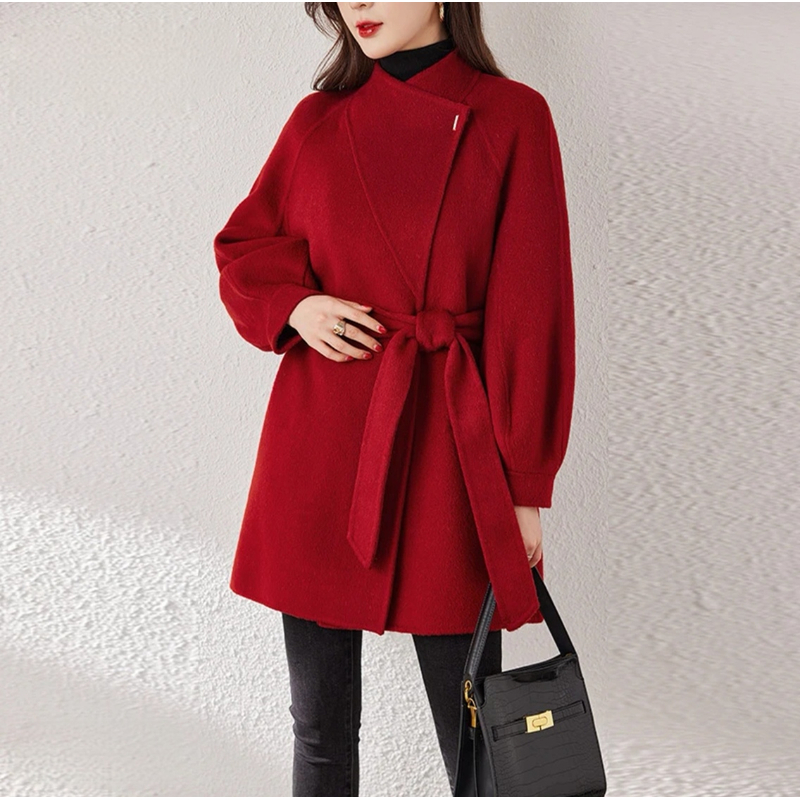 刘亭原创纯手手工缝制绵羊毛时尚极简一粒扣立领双面羊毛大衣秋冬