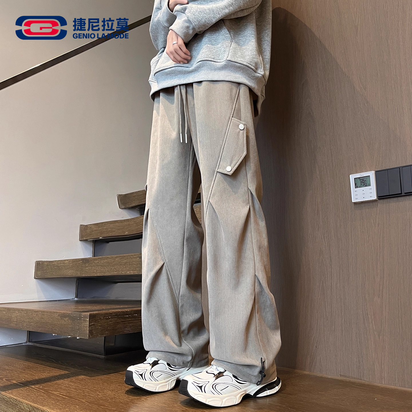 【敖瑞鹏代言】GENIOLAMODE灯芯绒重磅加绒工装裤子男士秋冬季