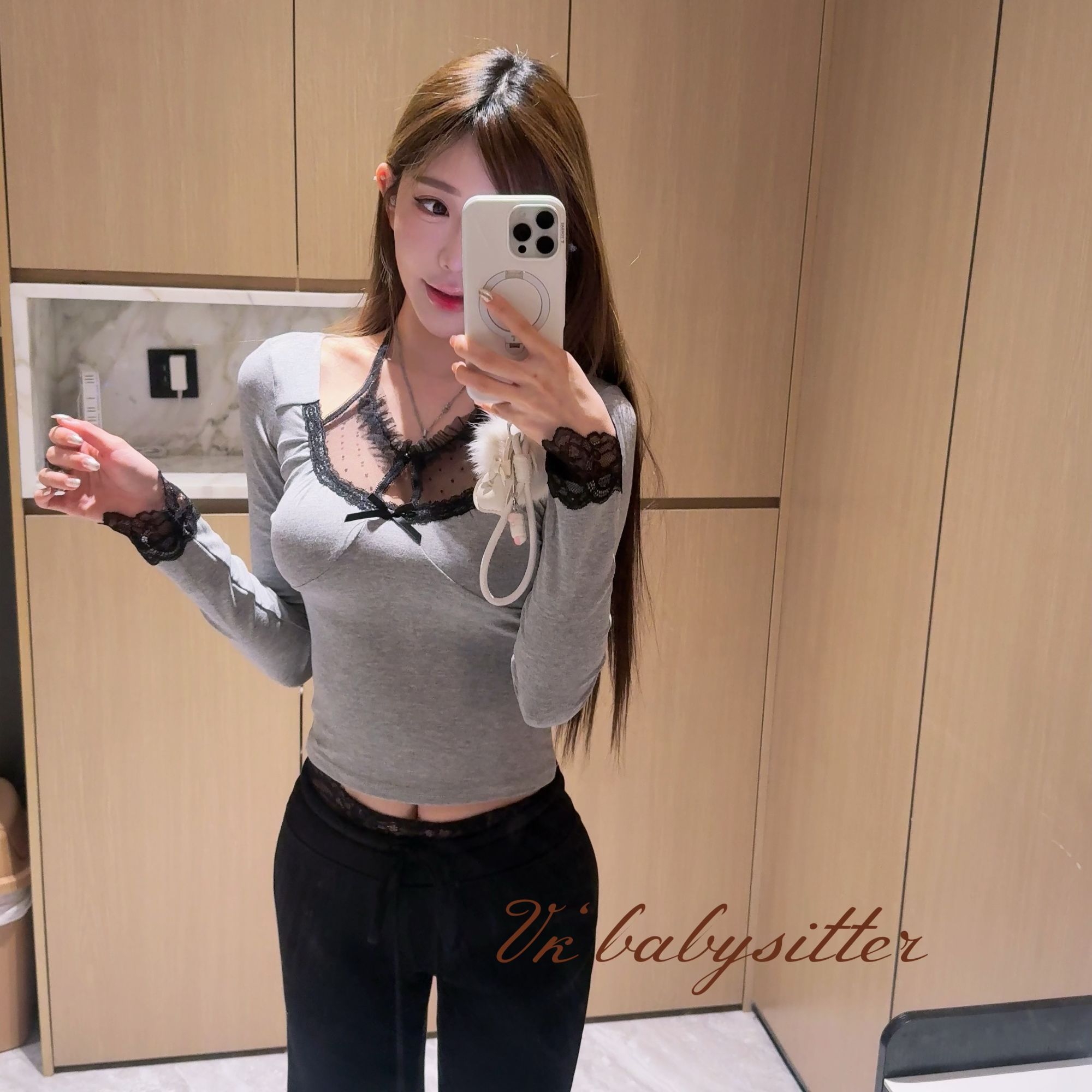 VK「黑蕾灰调」灰调纯欲风蕾丝拼接长袖上衣性感镂空小众