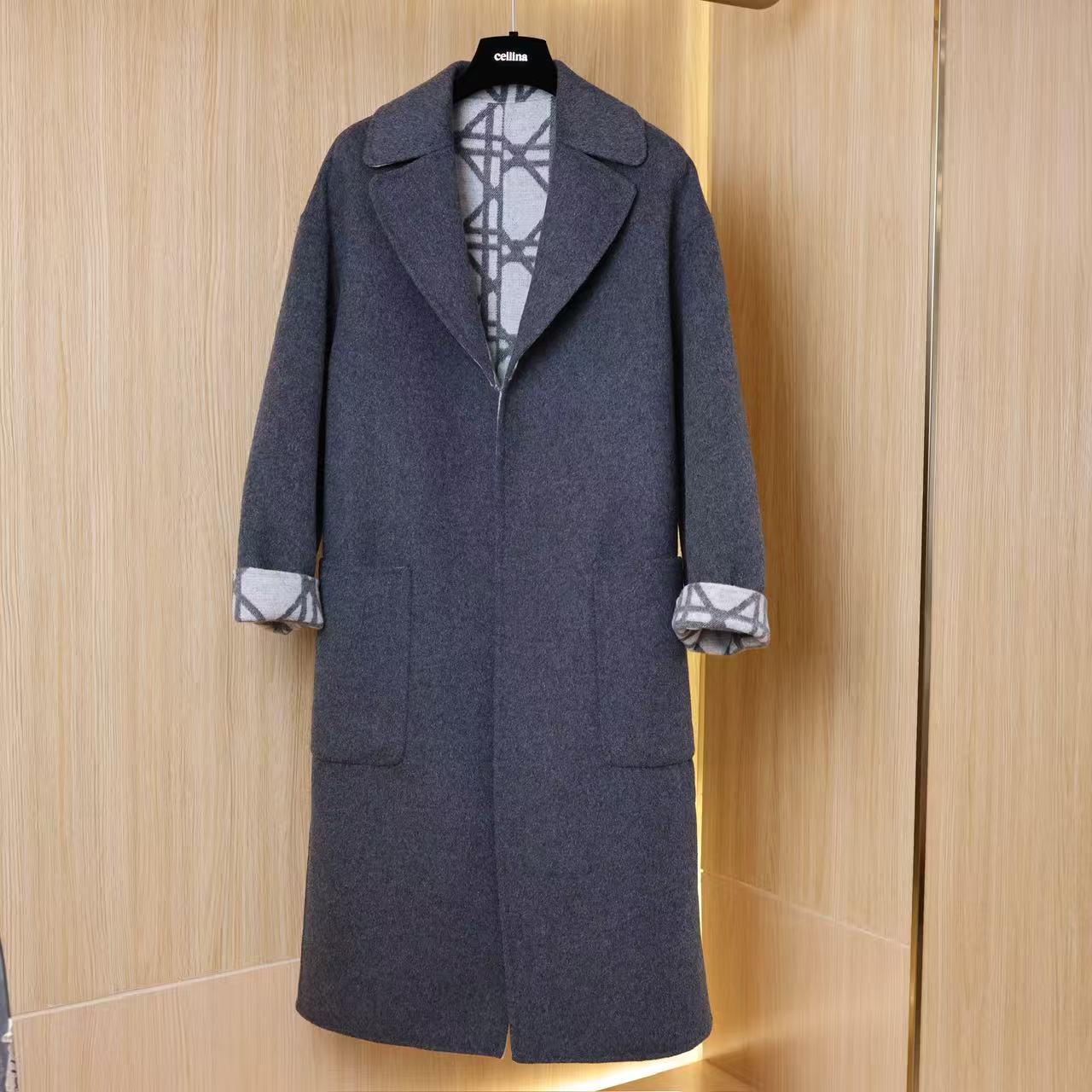 【晨老板】~ ceilina【暮色清柔】长款菱格翻领长袖毛呢大衣79259001