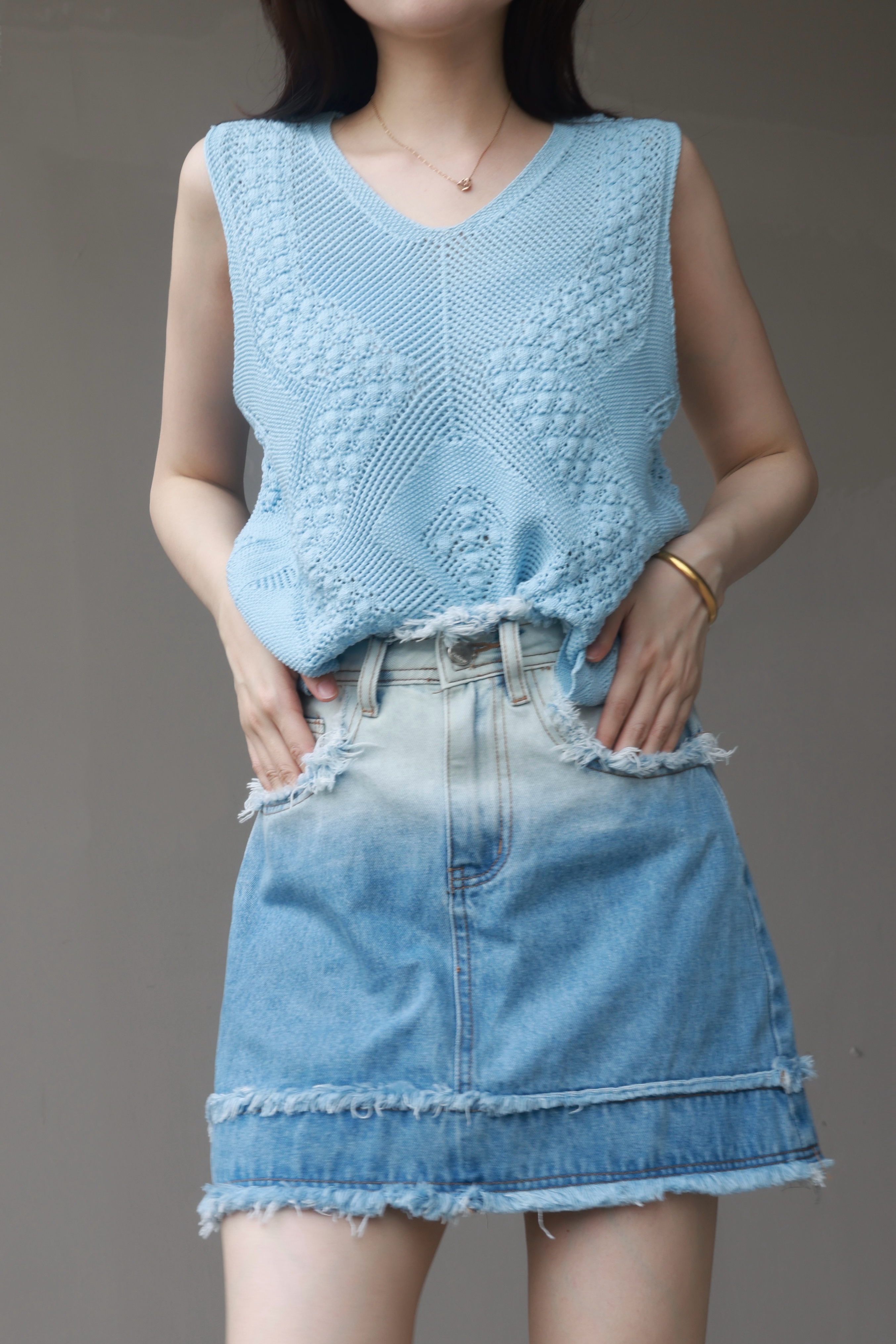 夏季新款渐变色设计感牛仔裙高腰A字显瘦半身裙9068#