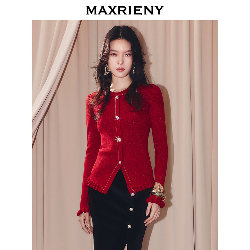 MAXRIENY复古宫廷穿搭亮皮扣套头毛针织衫25冬款x型收腰显瘦上衣