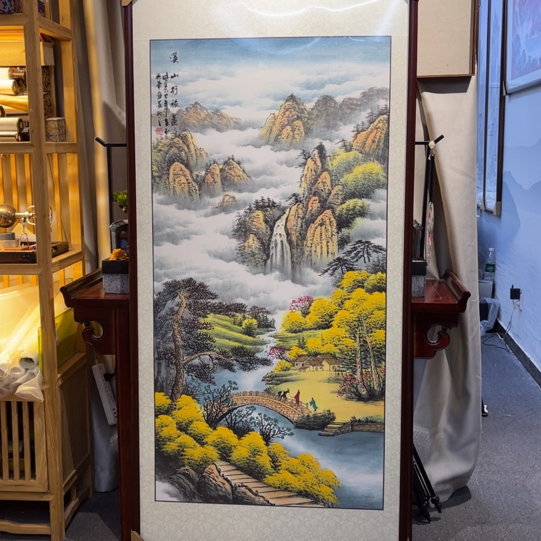 国画四尺溪山行旅图画框174×84