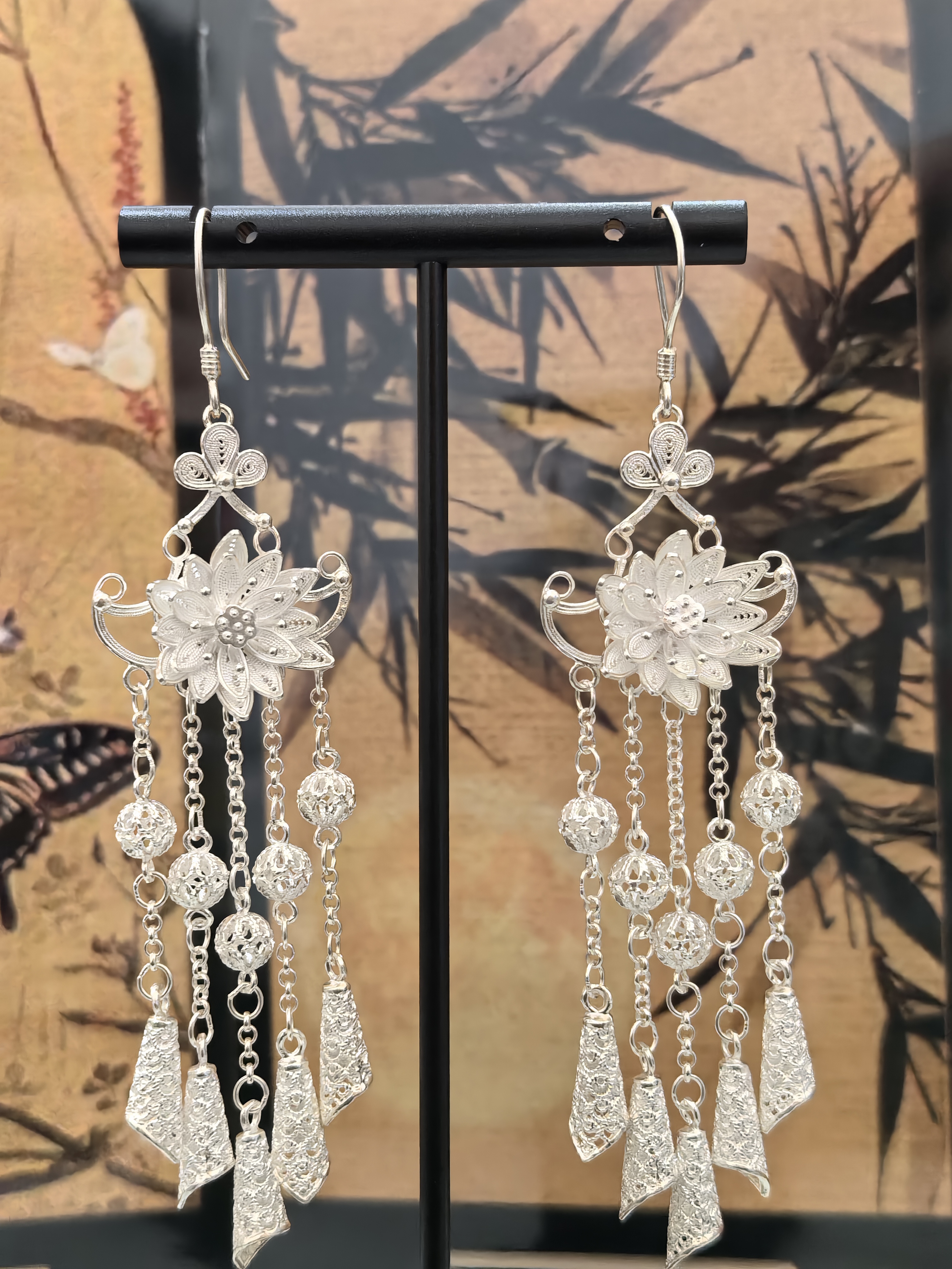 足银耳饰 足银990花丝莲花长款小喇叭流苏耳环复古纯手工民族风