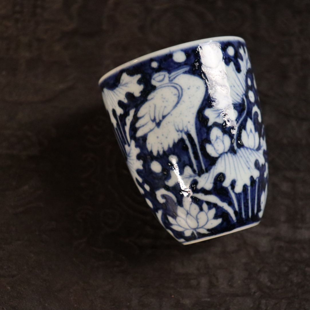 幽蓝溪堂景德镇陶瓷全手工手绘仿元青花一鹭手杯茶杯家用主人杯