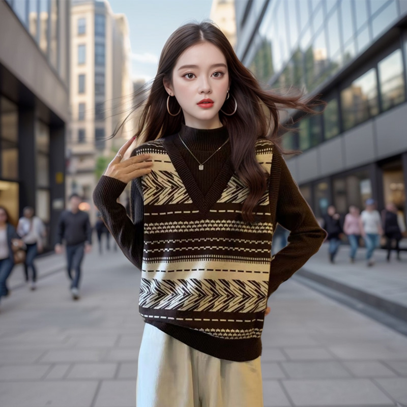 大码女装2024秋季半高领气质针织上衣胖妹妹时尚假两件毛衣