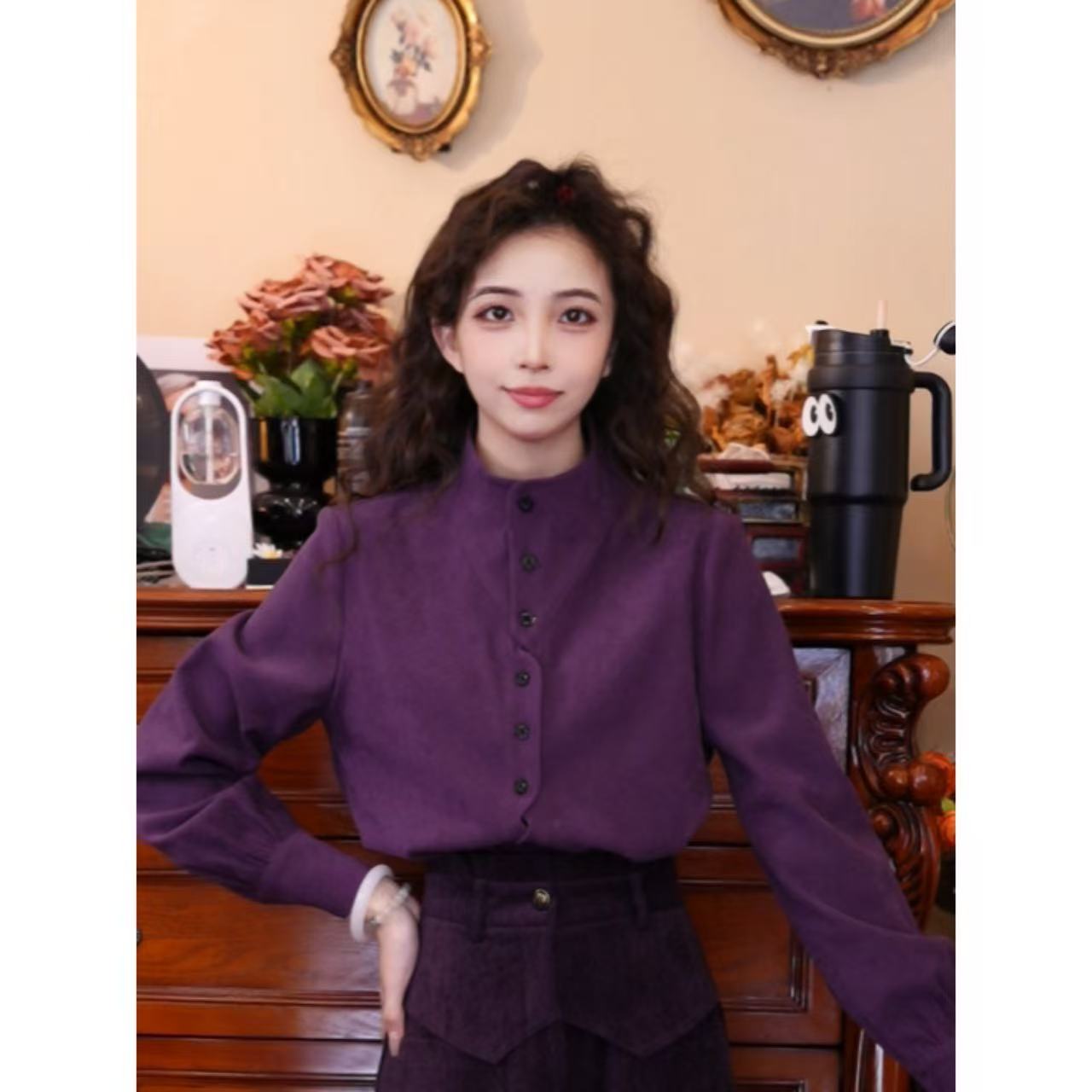 豆芽【香芋之恋】港风复古气质长袖上衣03307