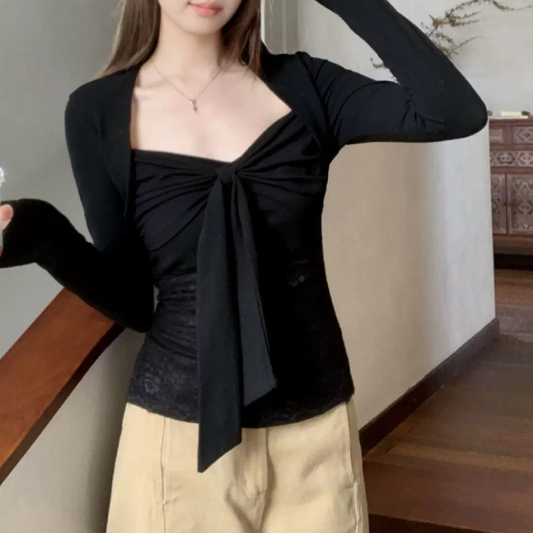 大码女装83222纯欲辣妹风长袖T恤女蕾丝拼接蝴蝶结修身显瘦上衣