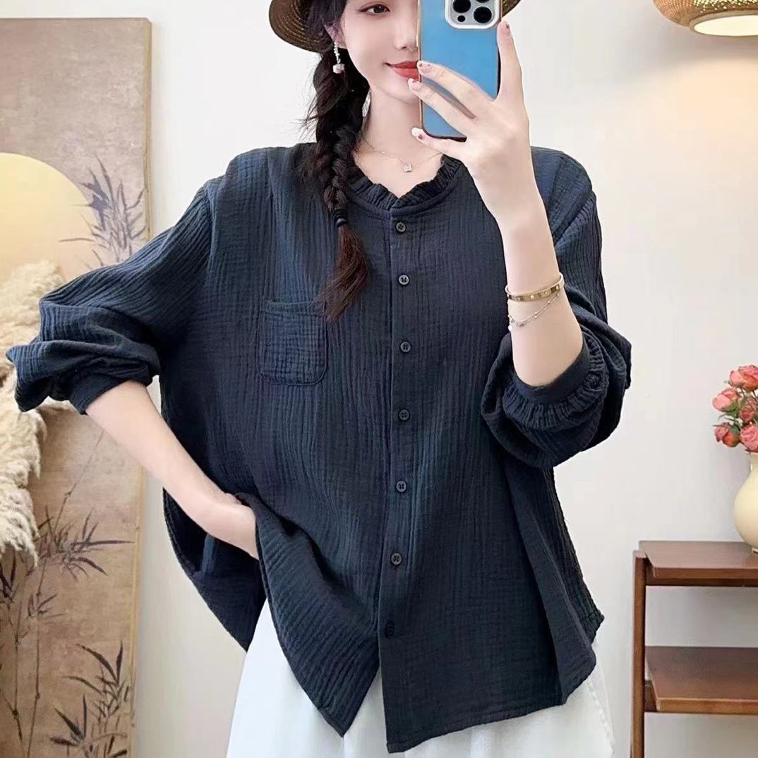 木耳边女长袖衬衣百搭宽松双层纱婴儿棉全棉衬衣休闲显瘦上衣