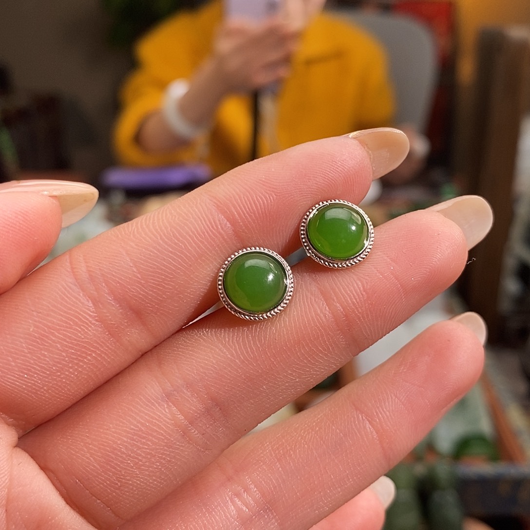 和田玉银S925镶嵌吊坠(不含链)耳钉