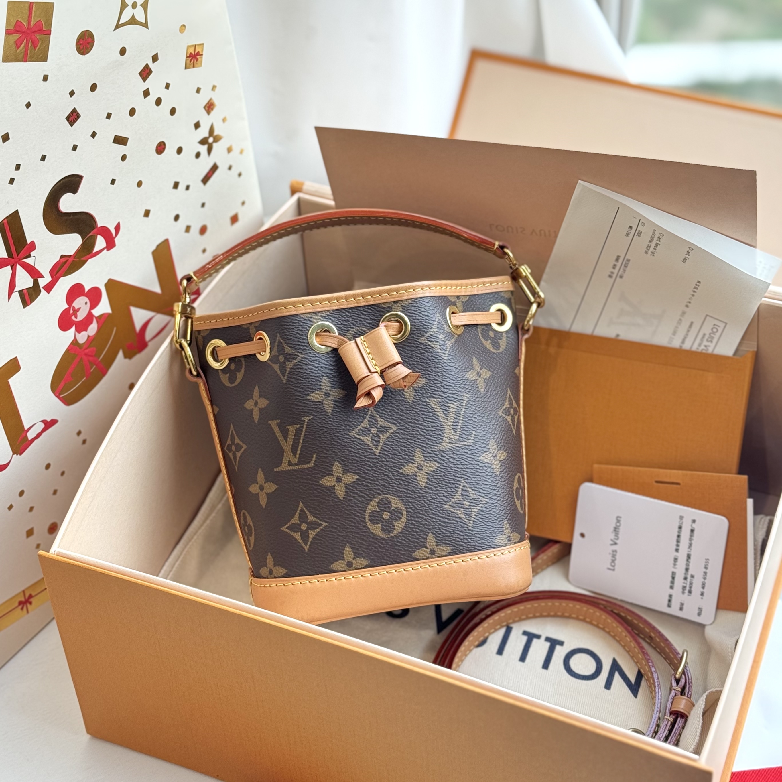 99新 LouisVuitton/路易威登 老花Noe Nano水桶单肩包 芯片款