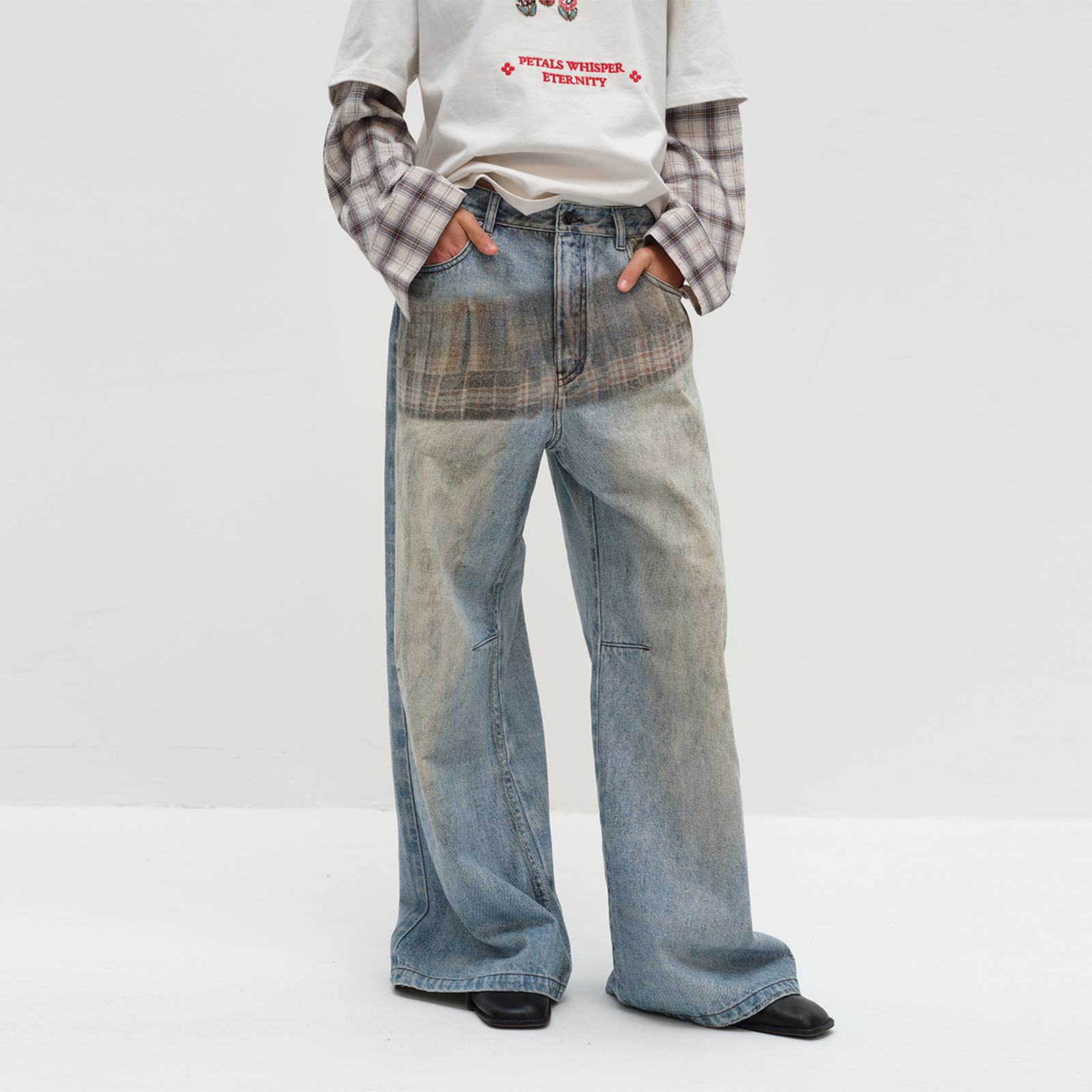 SQUARE CIRCLE方圆3D立体裙摆印花街头复古牛仔裤休闲女DY5S37004