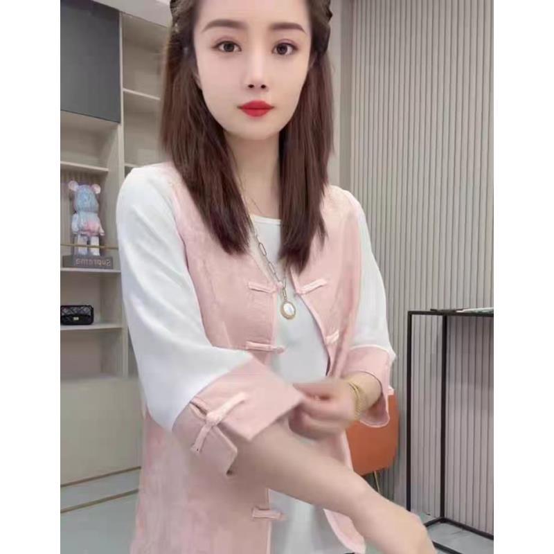 大码女装宽松显瘦时尚百搭新中式盘扣2025秋季新小衫+马甲两件套