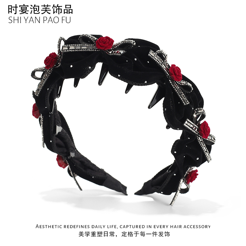 时宴泡芙植绒玫瑰发箍波浪蝴蝶结升级带齿头箍显高颅顶日常压发箍