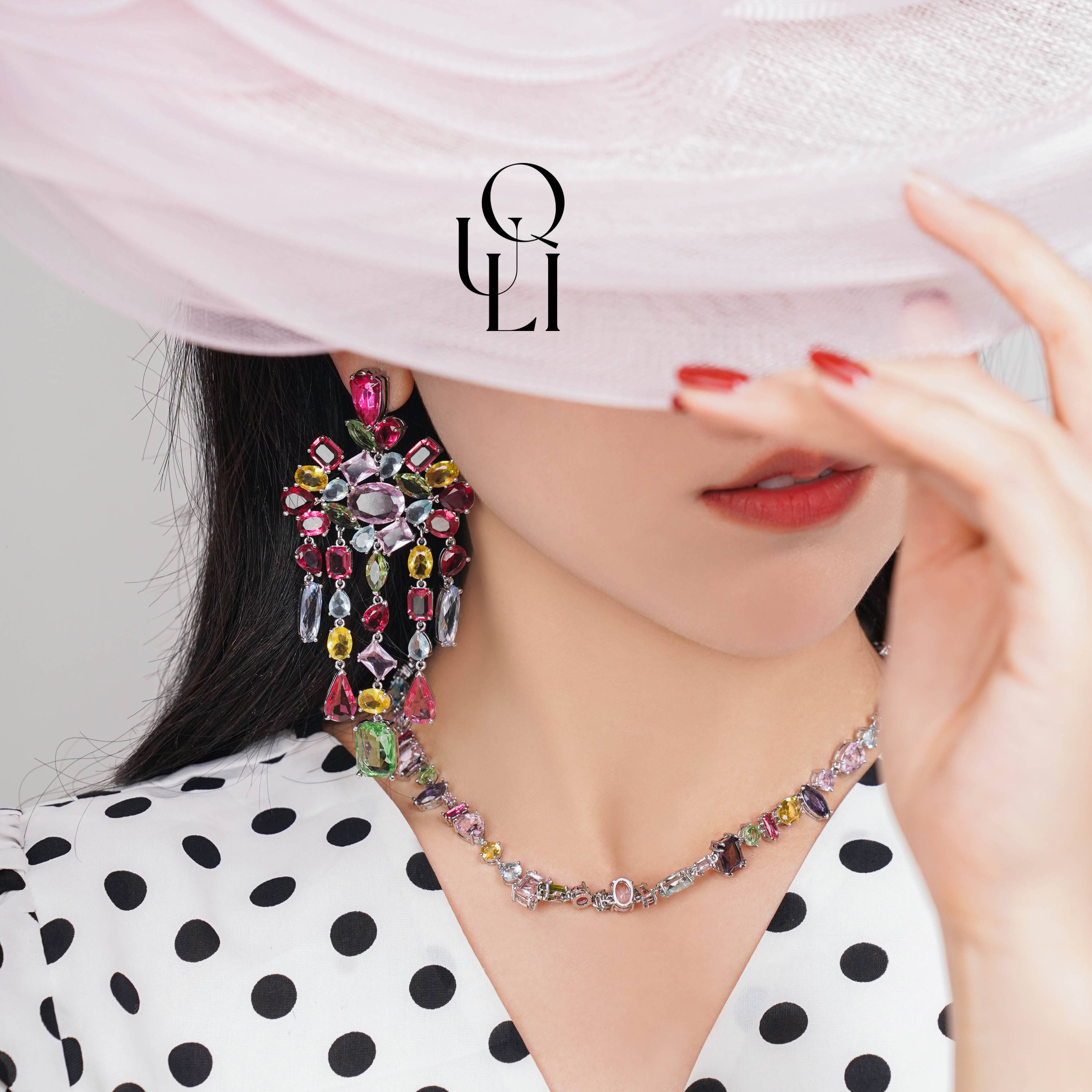 合金合成锆石耳饰 QIU LI・彩色晶晶大气感耳钉 雪雪1212