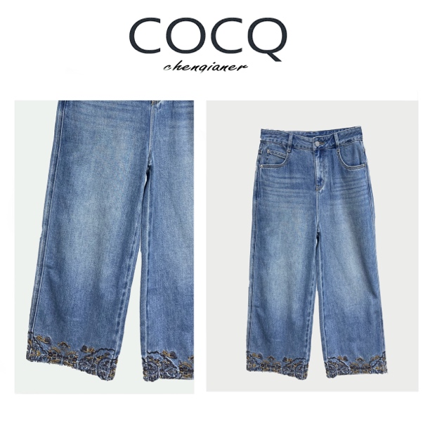 【COCQ】重工刺绣立体花朵九分牛仔裤宽松休闲百搭