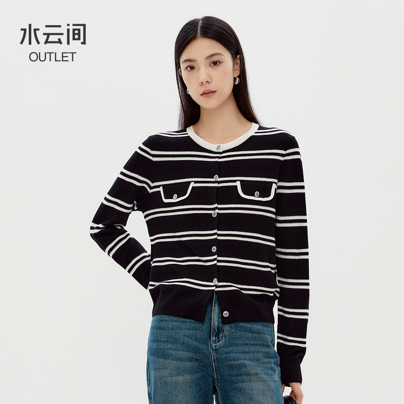 【针织开衫】水云间黑色条纹毛针织开衫外套女小香风正肩12410290