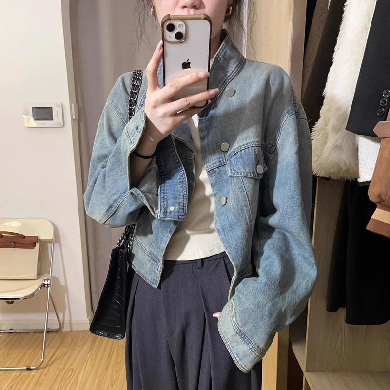复古牛仔外套女春秋季宽松小个子设计感小众百搭立领短款夹克上衣