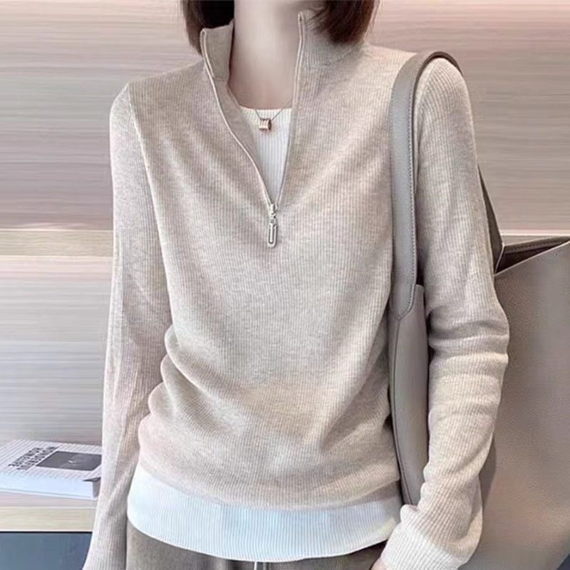 秋季新款假两件安迪绒外套女长袖半拉链立领针织外套时尚洋气上衣