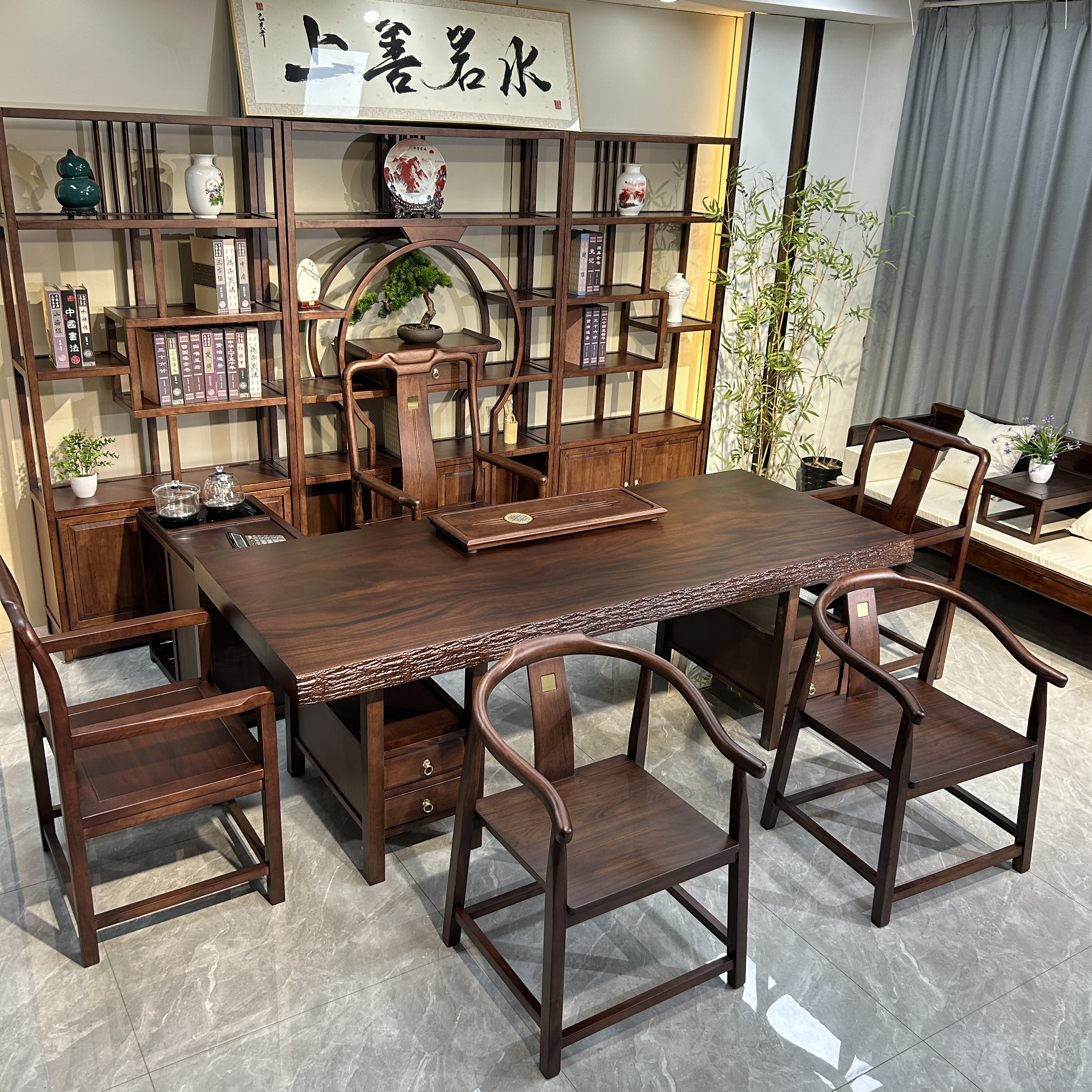 全实木大板茶桌桌椅茶台储物抽屉脚办公客厅干泡功夫台书桌儿童