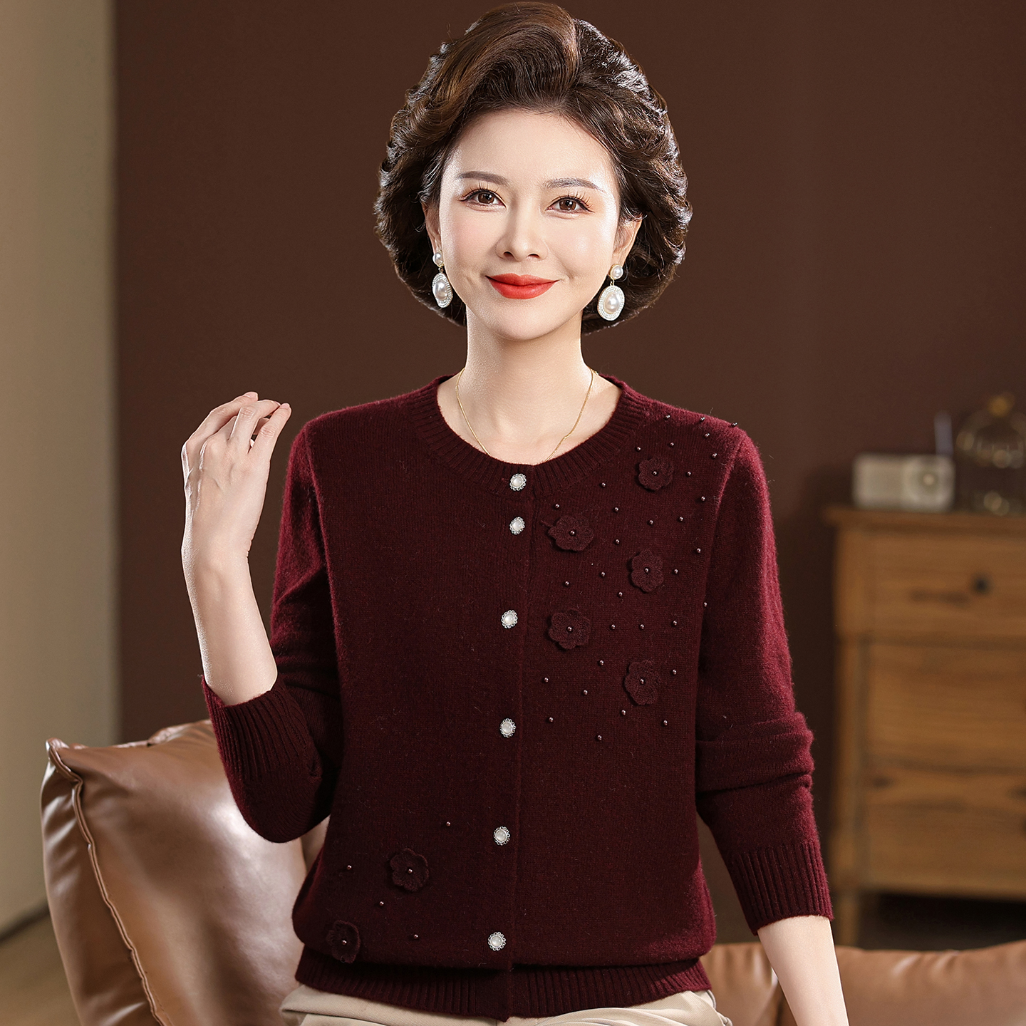 【纯羊毛开衫】冬季加厚款100%羊毛打底衫中老年妈妈装上衣厚款毛衣