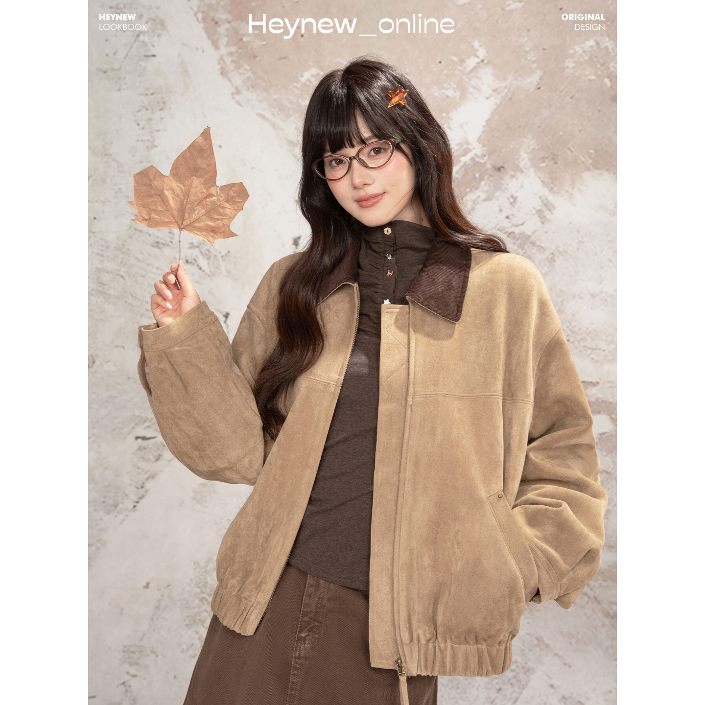 【HEYNEW黑妞】美式复古撞色翻领麂皮绒夹克外套女百搭上衣5Q768